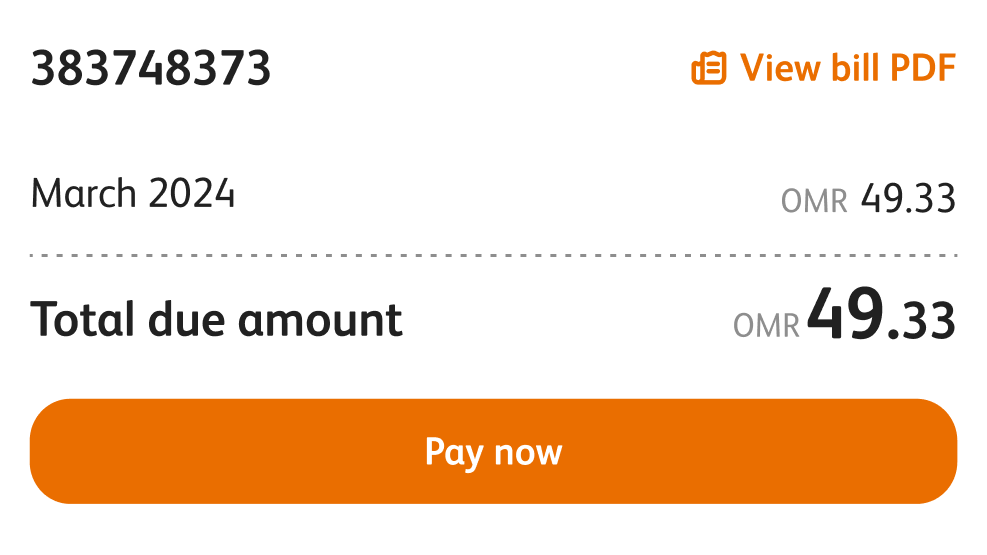 A bill card showing a total due of OMR 49.33 with a Pay now button.
